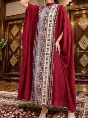 Burgundy Embroidered Maxi Kaftan Dress